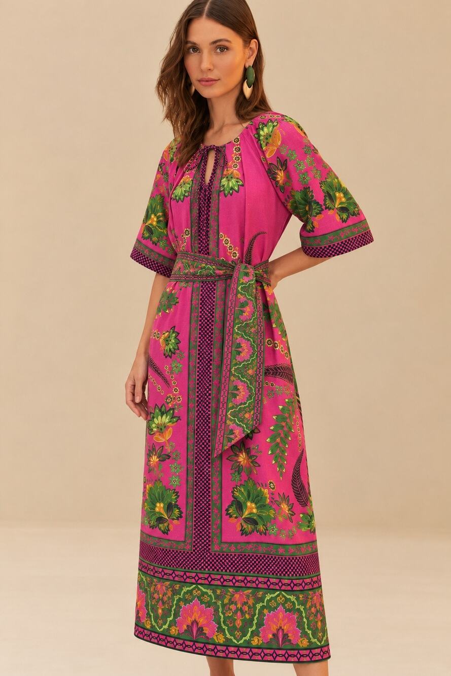 FARM Rio Pink Ana Tapestry Linen Tie Front Maxi Dress XS